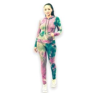 Missfit Women Honeycomb Texture Tie Dye Butt Lift Activewear Legging Jacket Set